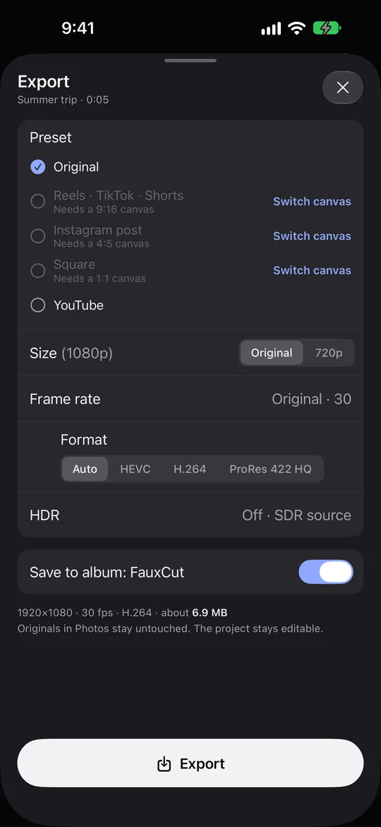The FauxCut export sheet with resolution, frame rate, codec and HDR options, and an Export button.