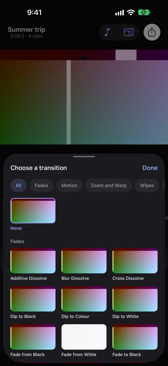 The FauxCut transition picker: a grid of looping previews grouped by family.